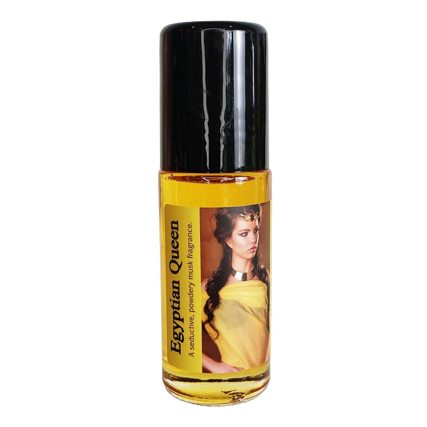 large one ounce bottle of egyptian queen perfume oil, a seductive musk fragrance oil, on a white background