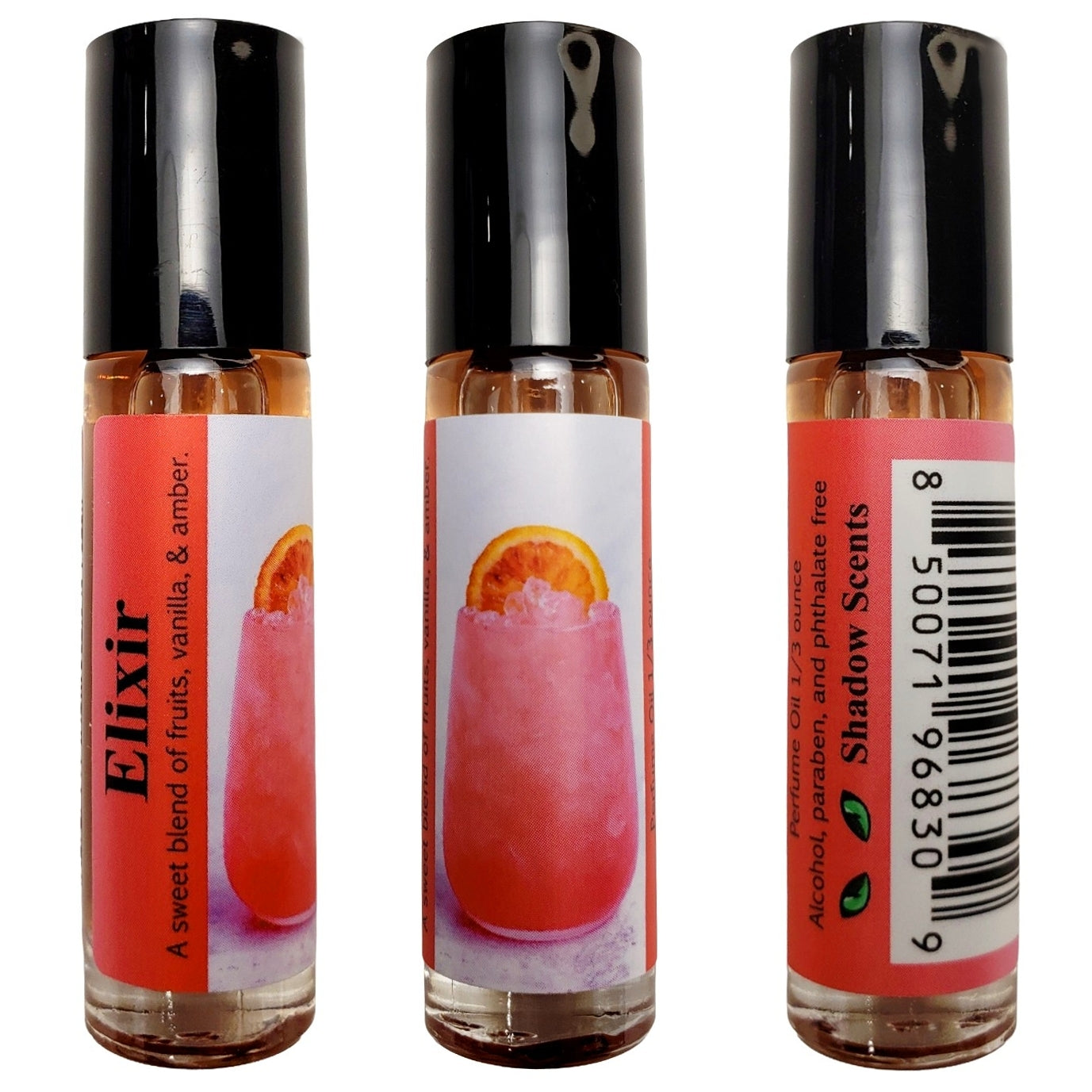 Three rollerball bottles with red labels featuring drinks and 'Elixir' branding on a white background.