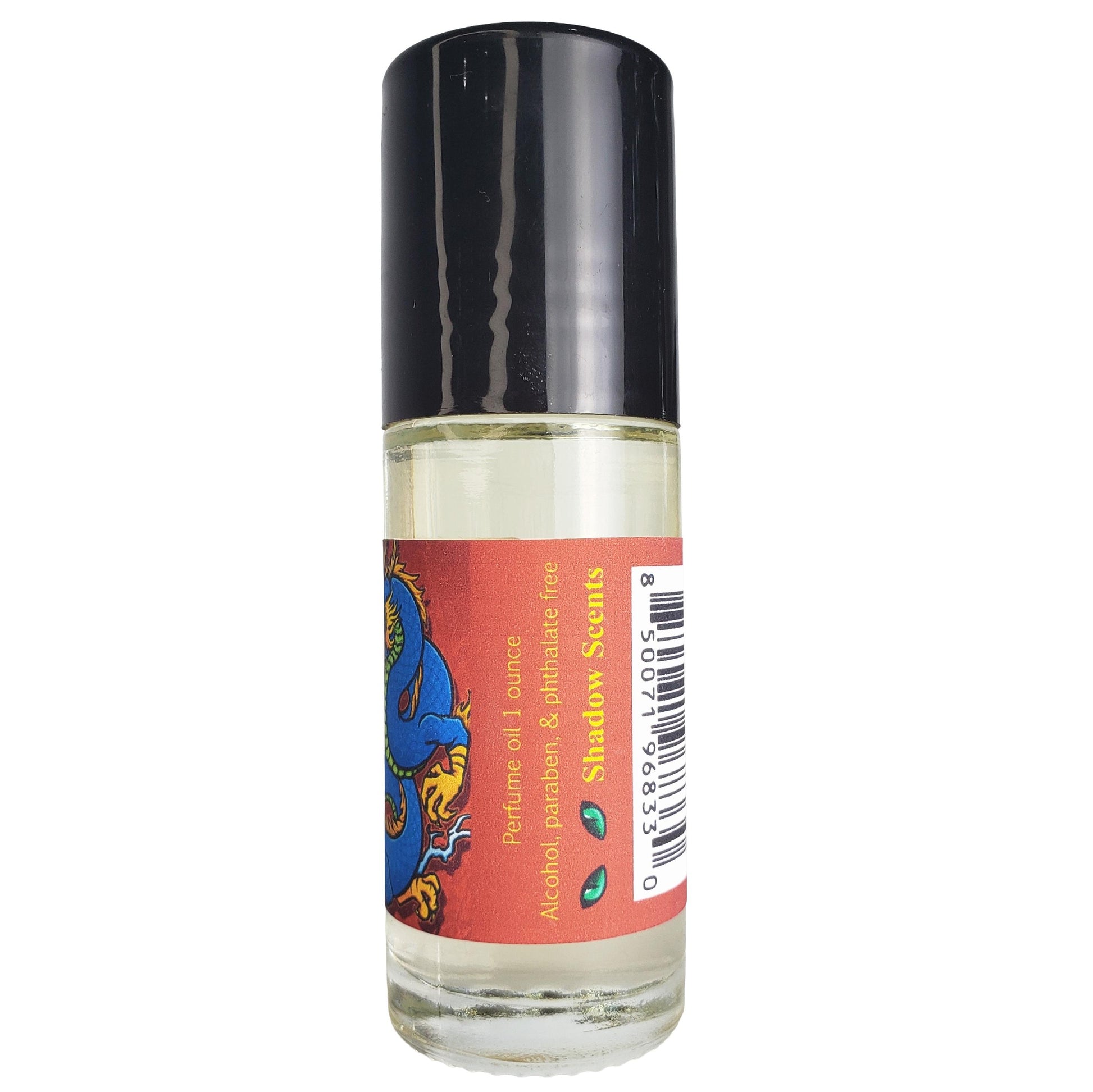 dragons blood perfume oil in the larger one ounce bottle size, showing the label and ingredients
