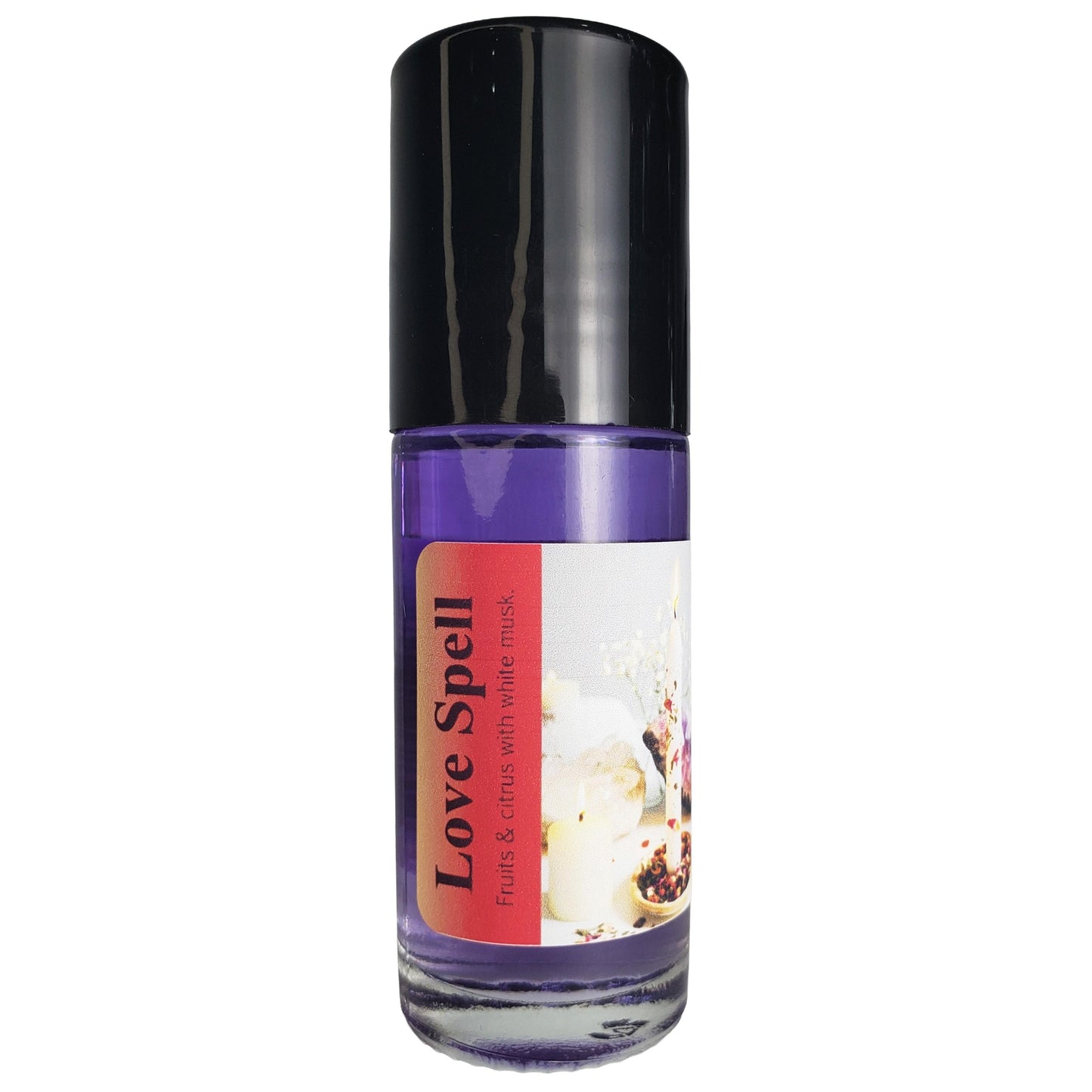 A roll-on bottle of Love Spell perfume oil with a black cap, purple liquid inside, and a red and white label, shown on a plain white background.