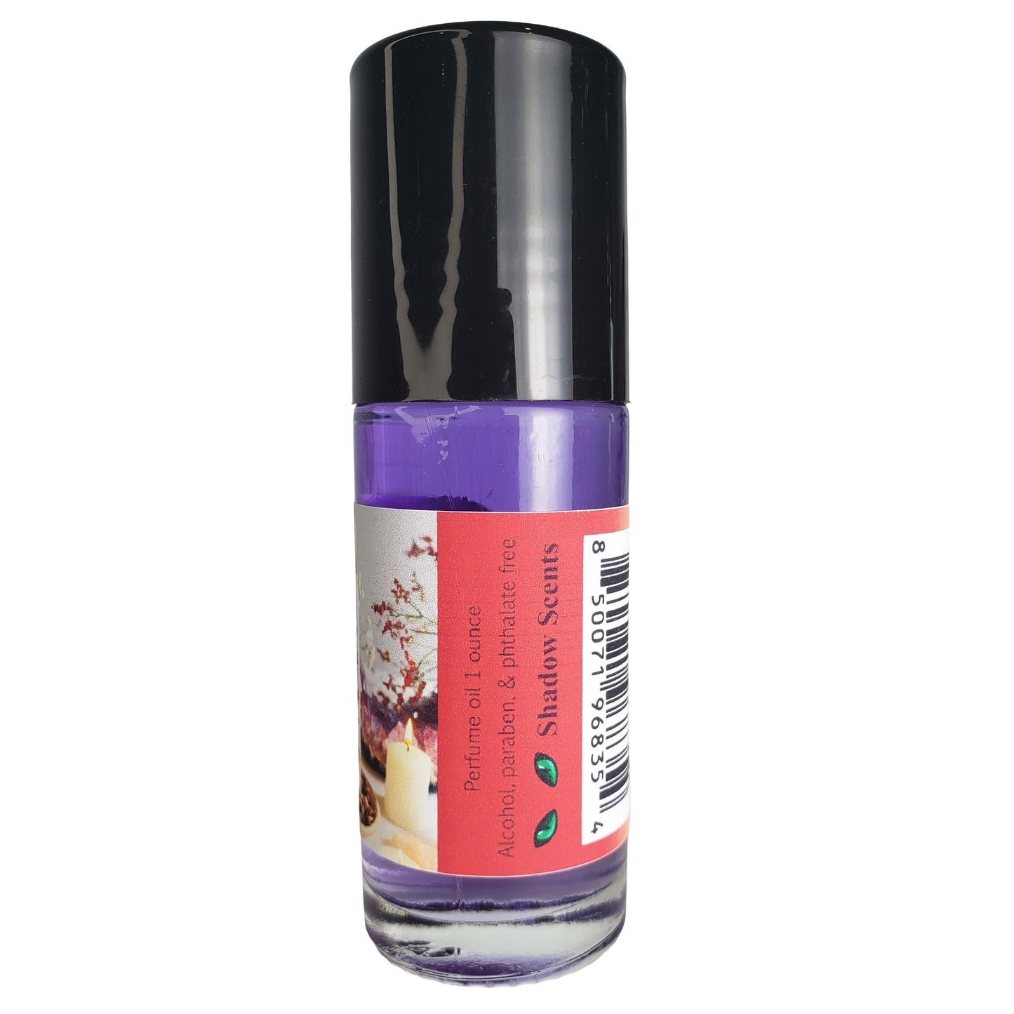 A 1 ounce roll-on perfume bottle with a black cap, filled with purple liquid, featuring a pink label that shows the brand 'Shadow Scents'