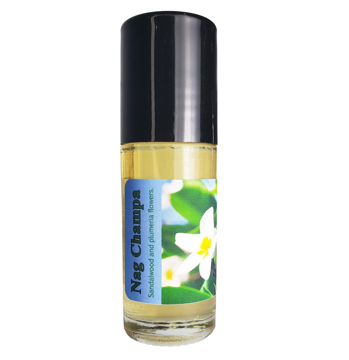 A 1-ounce glass roller bottle of Nag Champa perfume oil by Shadow Scents, with a black cap and a blue and white label, shown on a plain white background
