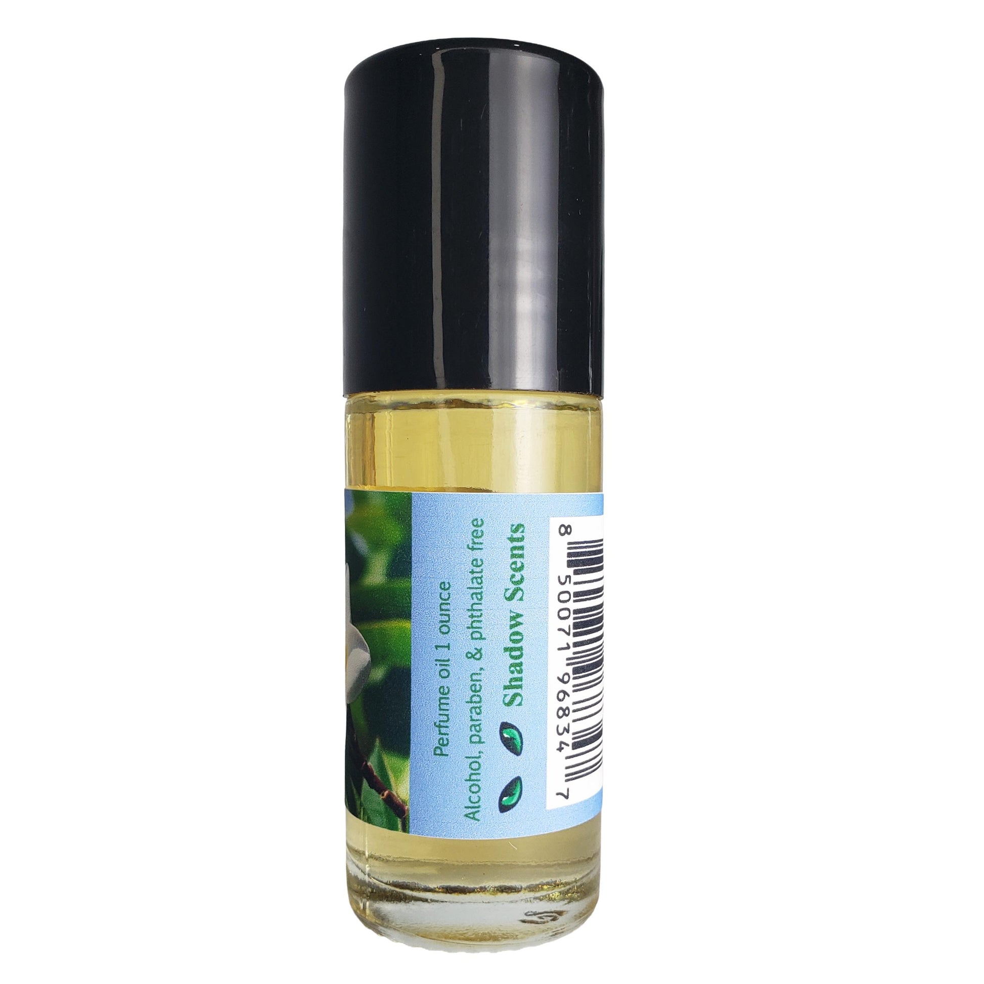 A 1-ounce glass roller bottle of Nag Champa perfume oil by Shadow Scents, with a black cap and a blue and white label, shown on a plain white background.