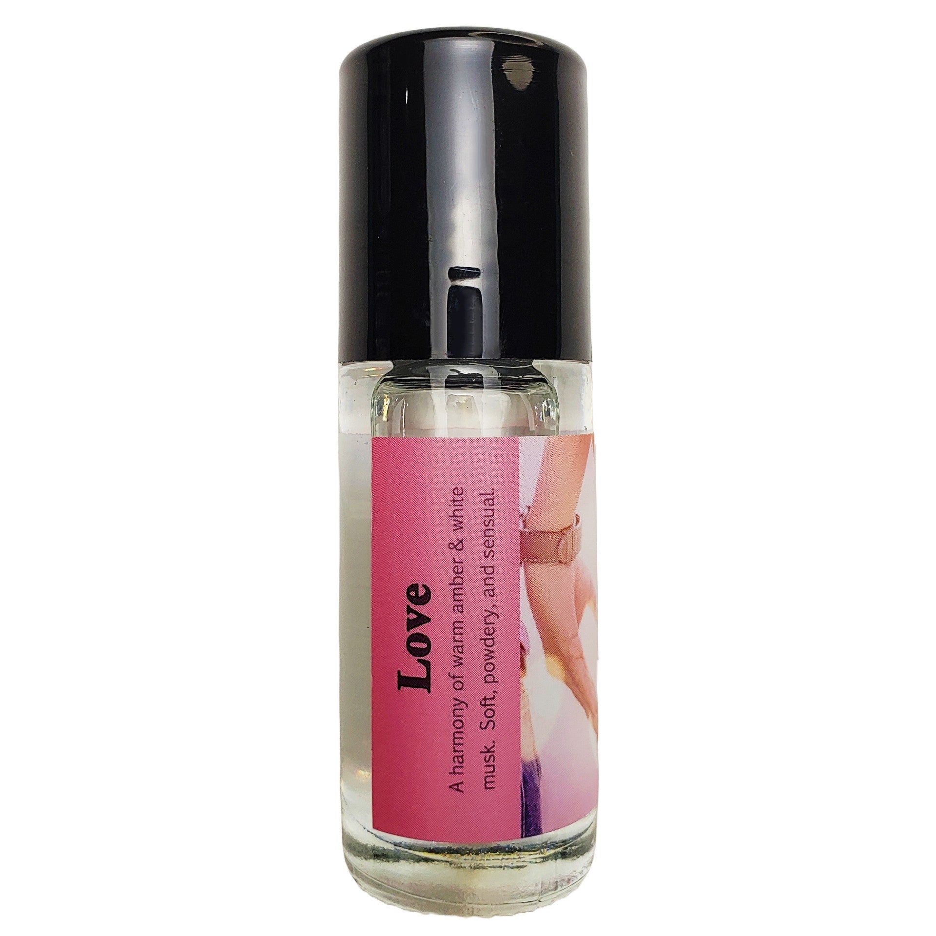large 1 ounce love perfume oil roll-on bottle on clear background