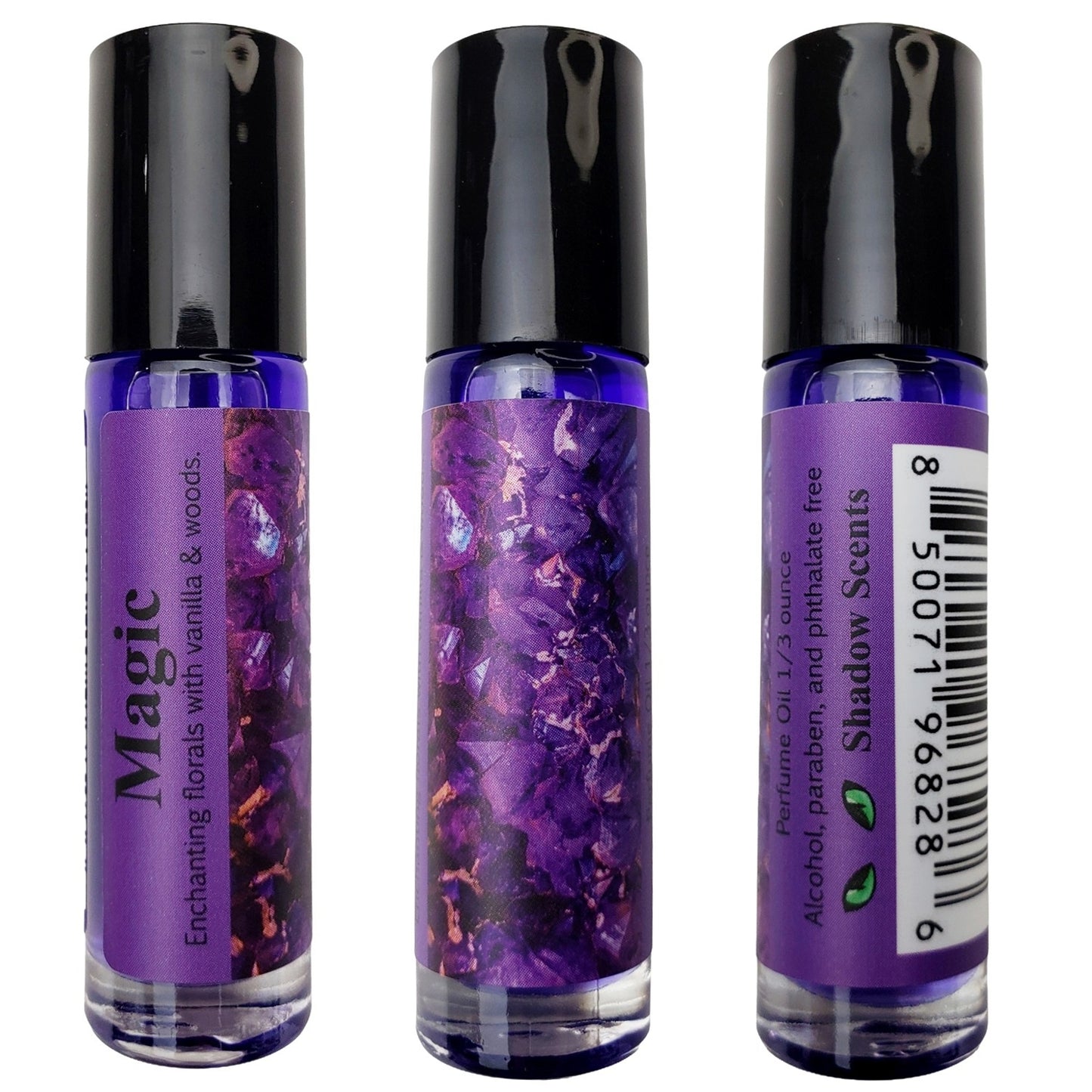 Three purple rollerball bottles with black caps on a white background, magic perfume oil